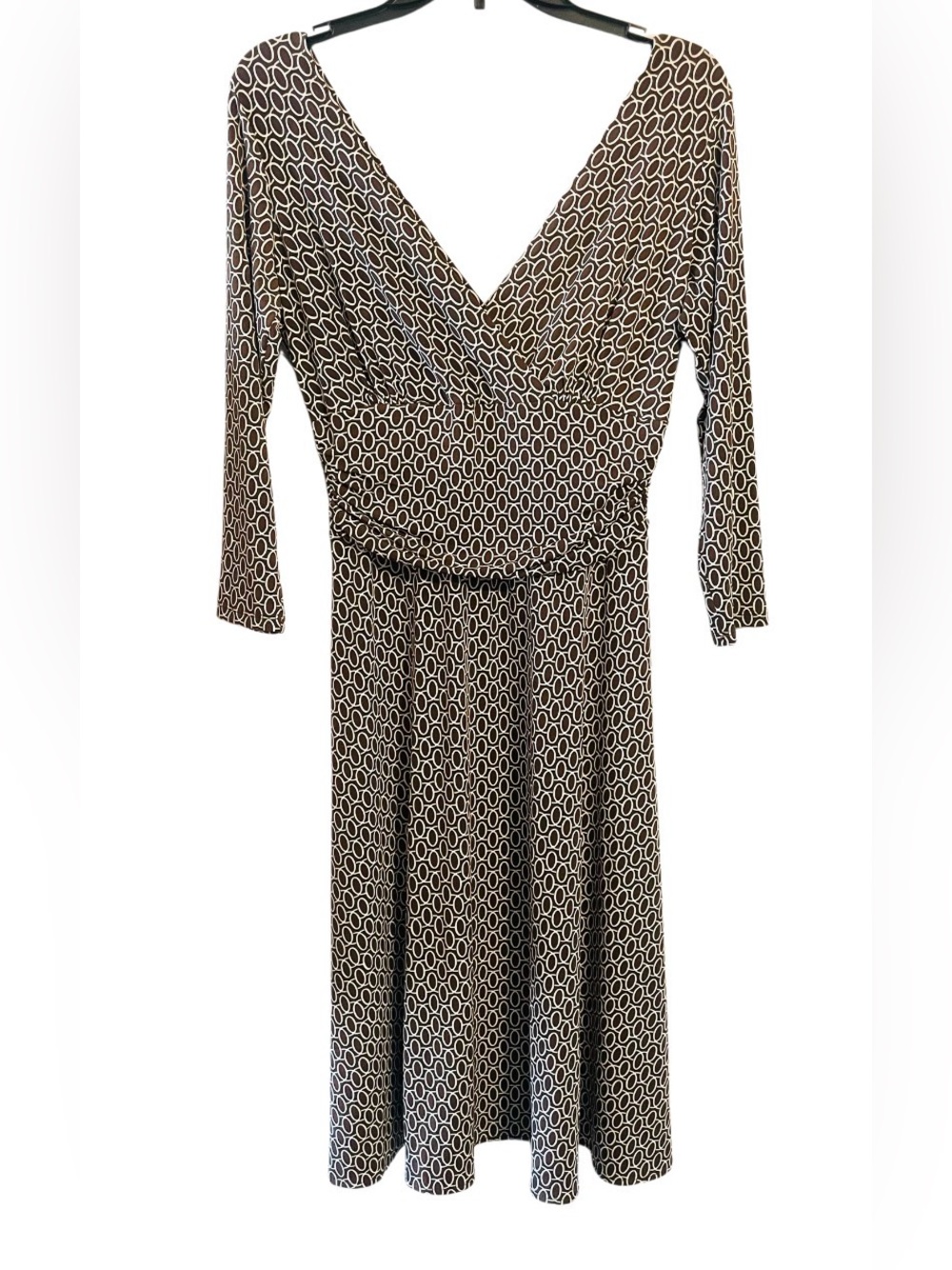 Maggy London Brown & Ivory Geometric V-Neck Dress Size Small